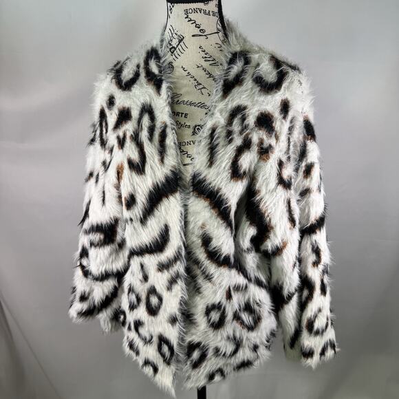 Anthropologie Current Air L Animal Print Faux Fur Open Cardigan Jacket Cozy - Picture 1 of 7